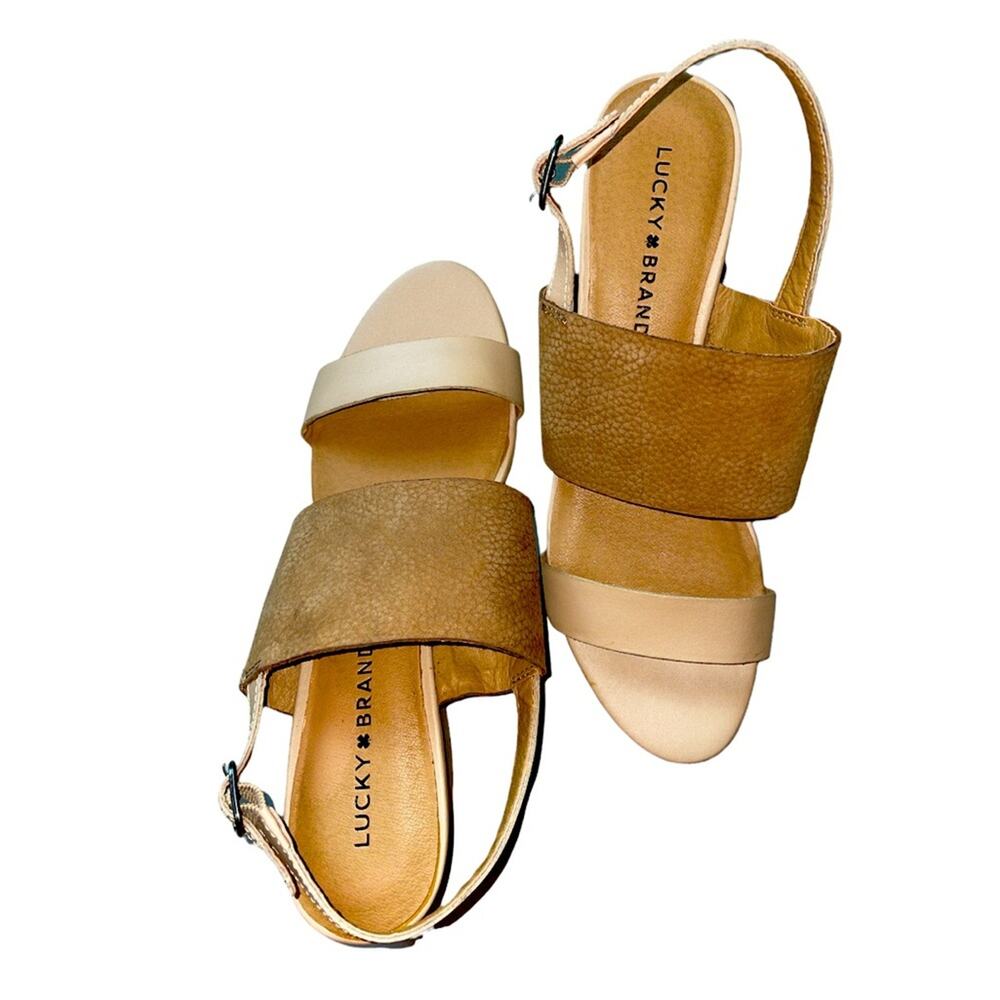 Lucky Brand Gewel Nubuck Cobblestone Leather Block Heel Slingback Sandals size 9